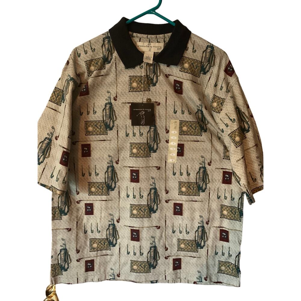 Preswick & Moore Polo Shirt Size Large Golf All Over Print